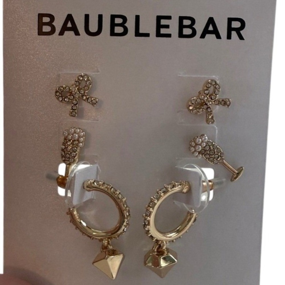 BaubleBar Earrings Set Gold Tone Bow Champagne Glass Hoop Pyramid Charm 3 Pairs